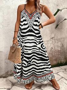 Breezaya Plus Size Women Leopard Print Loose Maxi Cami Dress, Summer - Black - View 1