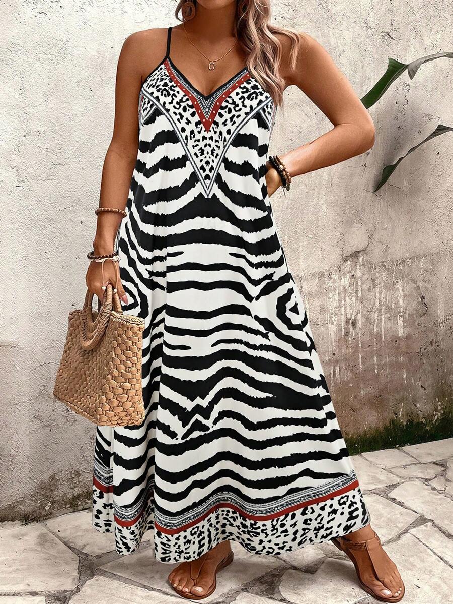 Breezaya Plus Size Women Leopard Print Loose Maxi Cami Dress, Summer - Black - View 1