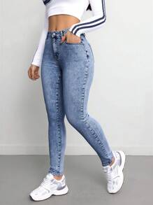 SHEIN Tall 女士牛仔裤 紧身弹力长裤 蓝色高腰 女士牛仔裤 慢跑裤 女士牛仔裤 女士牛仔裤 女士牛仔裤 女士裤子 蓝色牛仔裤 高腰牛仔裤 - 中等水洗藍 - 查看 7