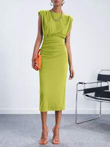 BizChic 2025 Green Round Neck Sleeveless Padded Shoulder Ruched Waist Women's Dress, Romantic, Elegant, Versatile, Business Casual, Office Wear, Suitable For Daily, Commuting, Vintage Style, Teacher Outfit