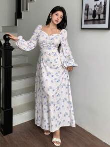 Modelyn French Style Heart-Neck Lace Trim Ditsy Floral Ladies Dress - Purple - View 6