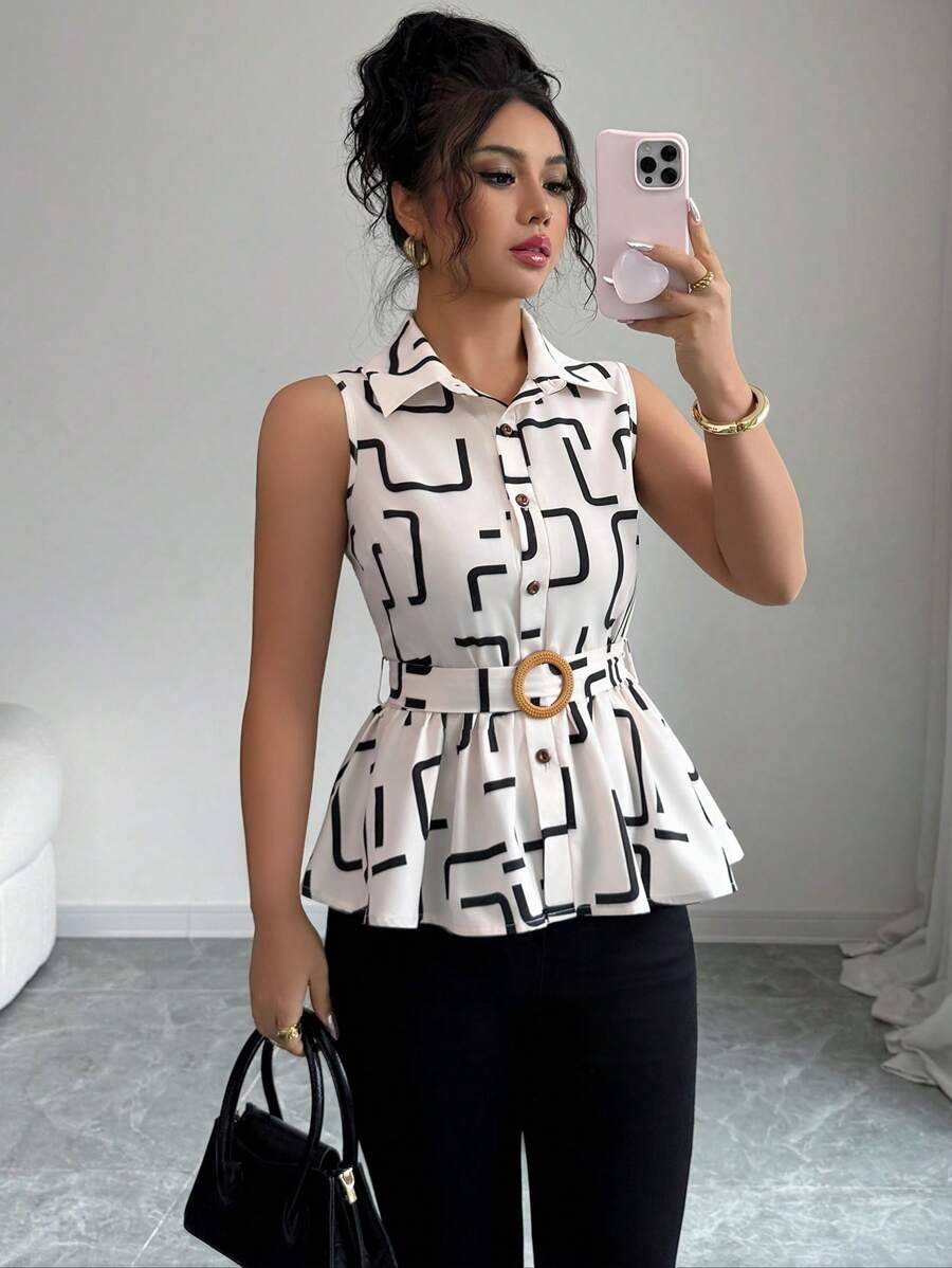 Elenzga Fashionable New Geometric Pattern Sleeveless Waist Ruffle Hem Summer Elegant Resort Women Shirt - Multicolor - View 1
