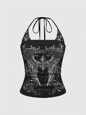 J-Fashion Conjunto de mujer estilo Y2K punk para conciertos, top de tirantes de algodón con parches de encaje y estampado de esqueleto 2 en 1