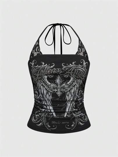 J-Fashion Women's Y2K Concert Punk Print 2 In 1 Contrast Lace Halter Top