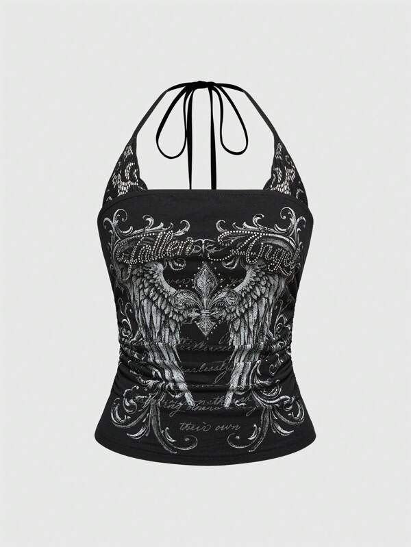 ROMWE J-Fashion Top halter de 2 en 1 con contraste de encaje y estampado punk de concierto Y2K para mujer