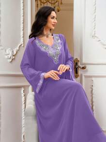 Al Najma Women's Elegant Long Sleeve Arabic Dress With Crystal And Faux Pearl Decor, Modest - Purple - View 5