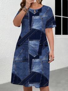 EMERY ROSE Plus Size Casual Minimalist Vintage Faux Denim Patchwork Printed Long Dress, Suitable For Summer,Sun Dresses For Women,Sundress Boho Suitable For Going Out Chic Dress - Blue - View 6