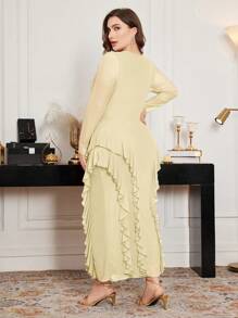 Modelyn Robe moulante élégante à col volant élastique en maille, grande taille, printemps/été - Jaune citron - Voir 2