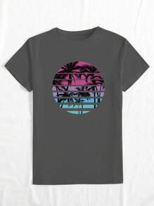 INAWLY Camiseta de manga corta con cuello redondo, estampado del atardecer con árboles de coco, camiseta gráfica casual de mujer - Gris - Ver 3