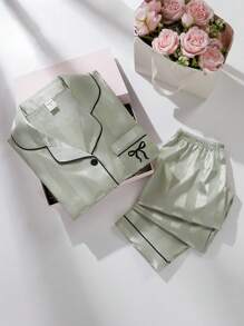 女童睡衣，香槟色条纹长袖开衫和长裤两件套家居服套装 - 綠色 - 查看 3