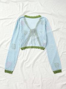 SHEIN Unity Delicate Minimalist Women's Light Blue Hollow-Out Long Sleeve Loose Embroidered Thin Cardigan Knit Top, Spring/Summer - Baby Blue - View 2