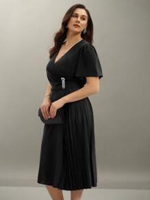 SHEIN Clasi Plus Size Women Elegant Pleated Tassel Rhinestone Decor Dress, Suitable For Commuting & Party, Minimalist & Graceful - Black - View 4