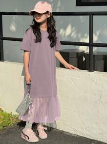 Dazy Kids Tween Girls Round Neck Patchwork Net Yarn Short Sleeve Dress, Summer