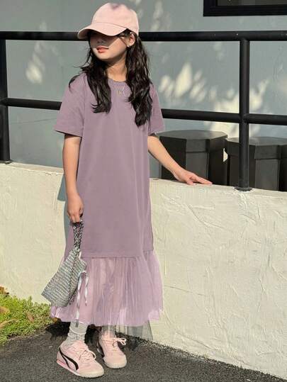 Dazy Kids 女童圆领拼布网纱短袖连衣裙，夏季