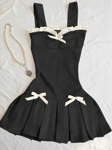 SHEIN Vestido camisero de mujer con parches de encaje y adorno de moño