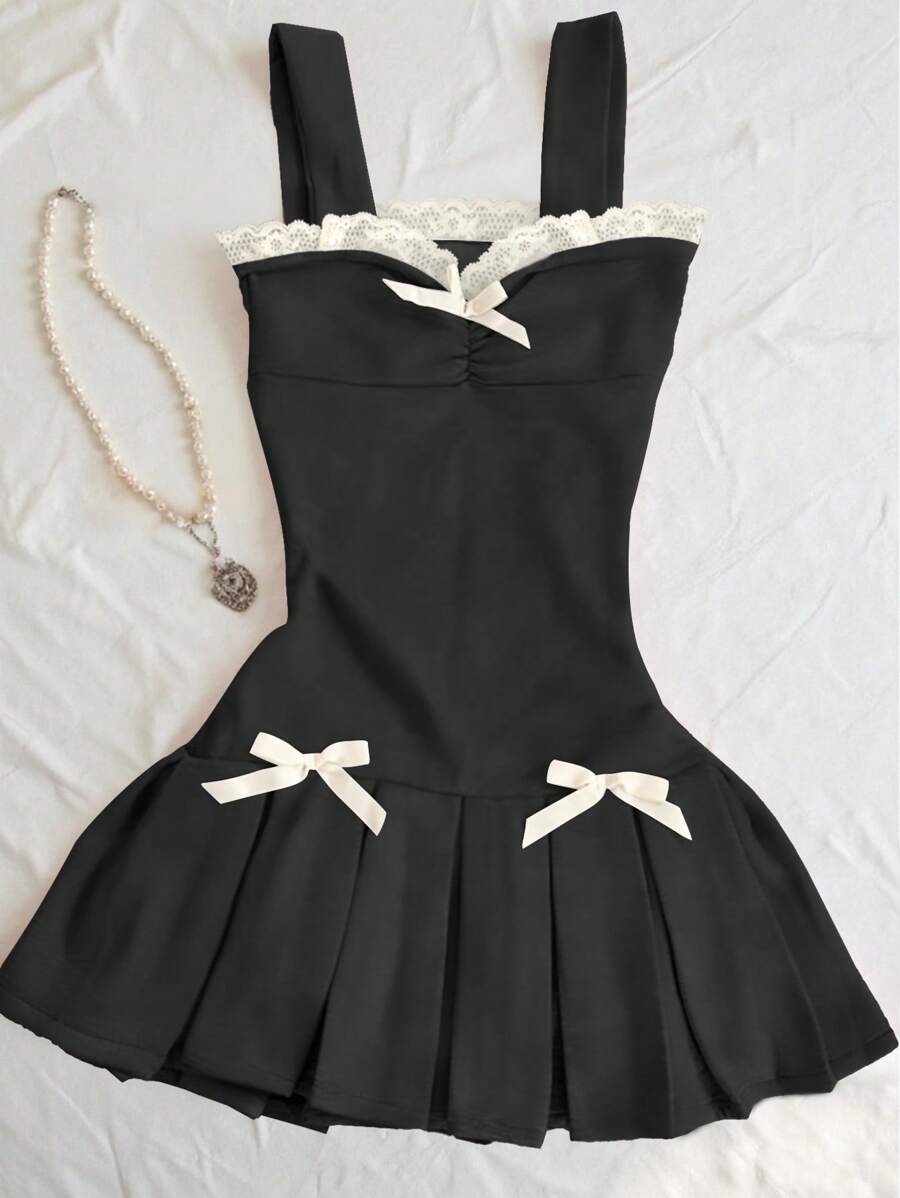 SHEIN Vestido camisero de mujer con parches de encaje y adorno de moño