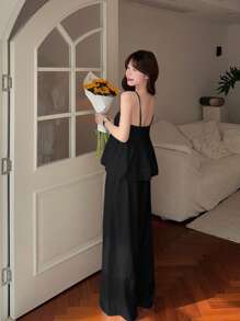DAZY Bộ 2 món đồ nữ áo hai dây màu trơn thường ngày có miếng vá ren, quần áo trở lại trường - màu đen - Xem 3
