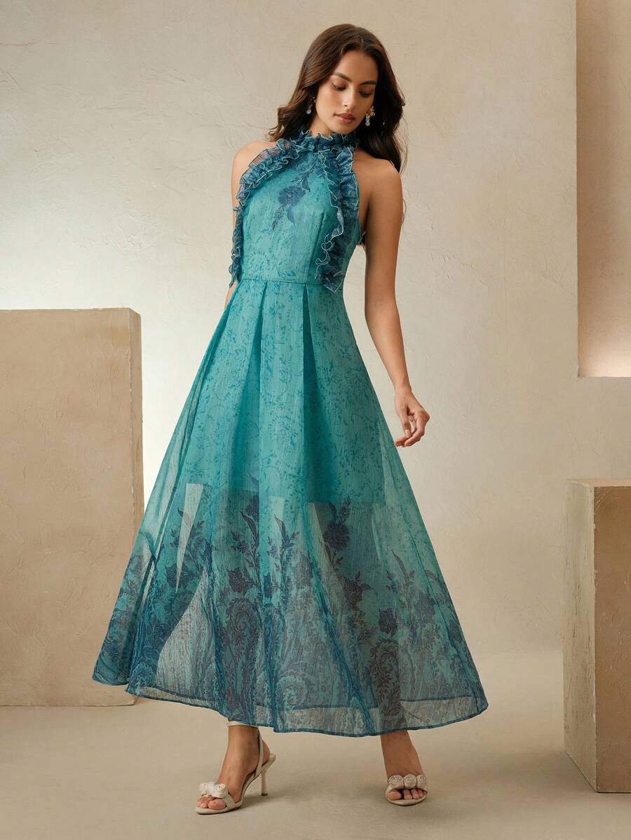 Anewsta New Summer Elegant Ruffle Spaghetti Strap Sleeveless A-Line Dress With Placement Print - Green - View 1