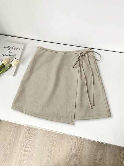 Franclia 毕业季休闲百搭吊带不规则下摆新款夏季卡其色纹理宽幅面料半身裙女士短裙女裙女士夏季服装夏季下装