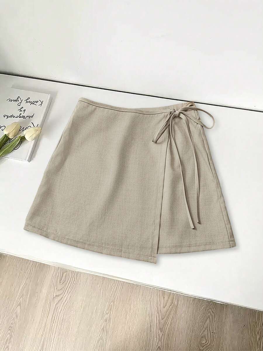 Franclia 毕业季休闲百搭吊带不规则下摆新款夏季卡其色纹理宽幅面料半身裙女士短裙女裙女士夏季服装夏季下装 - 卡其色 - 查看 1