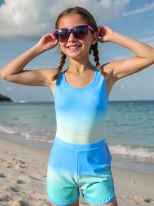 SHEIN 2件套可爱渐变女童连体泳衣和短裤套装（印花版）