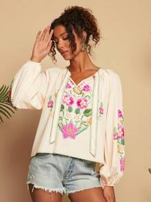 Travachic Women's Vacation Floral Printed Tie Neck Raglan Sleeve Long Sleeve Shirt - White - View 7