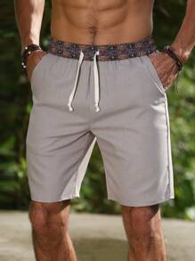 Manfinity Nomadique Pantalones cortos de pierna recta de tela de lino holgados para hombres, con estampado floral en la cintura, estilo nepalí, adecuados para vacaciones y atuendos de viaje