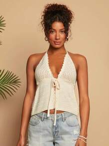 Travachic Solid Color Twist Front Backless Sleeveless Crop Top
