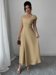 Modelyn Women's Solid Color Simple Square Neck Short Sleeve Dress - Khaki - View 6