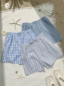 Comfortcana Women's Plus Size Casual Woven Fabric Shorts In Blue And White: Textured, Short Length Summer Style - Blue and White - View 1