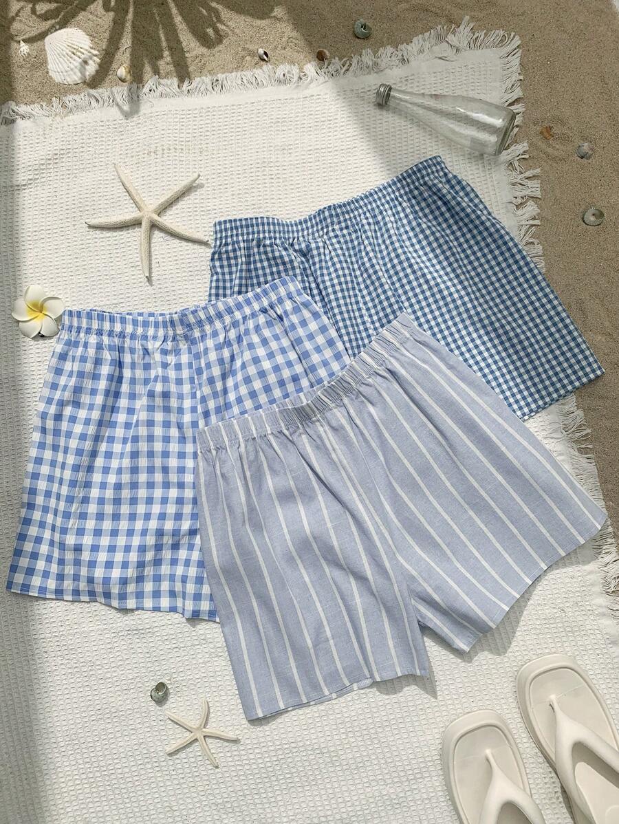 Comfortcana Women's Plus Size Casual Woven Fabric Shorts In Blue And White: Textured, Short Length Summer Style - Blue and White - View 1