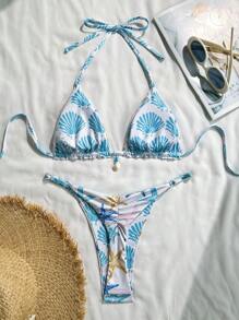 Swim Mod Set de 2 piezas de biquini de verano con parte superior tipo tirantes con estampado aleatorio y textura acanalada, sujetador triangular y tanga - Multicolor - Ver 2