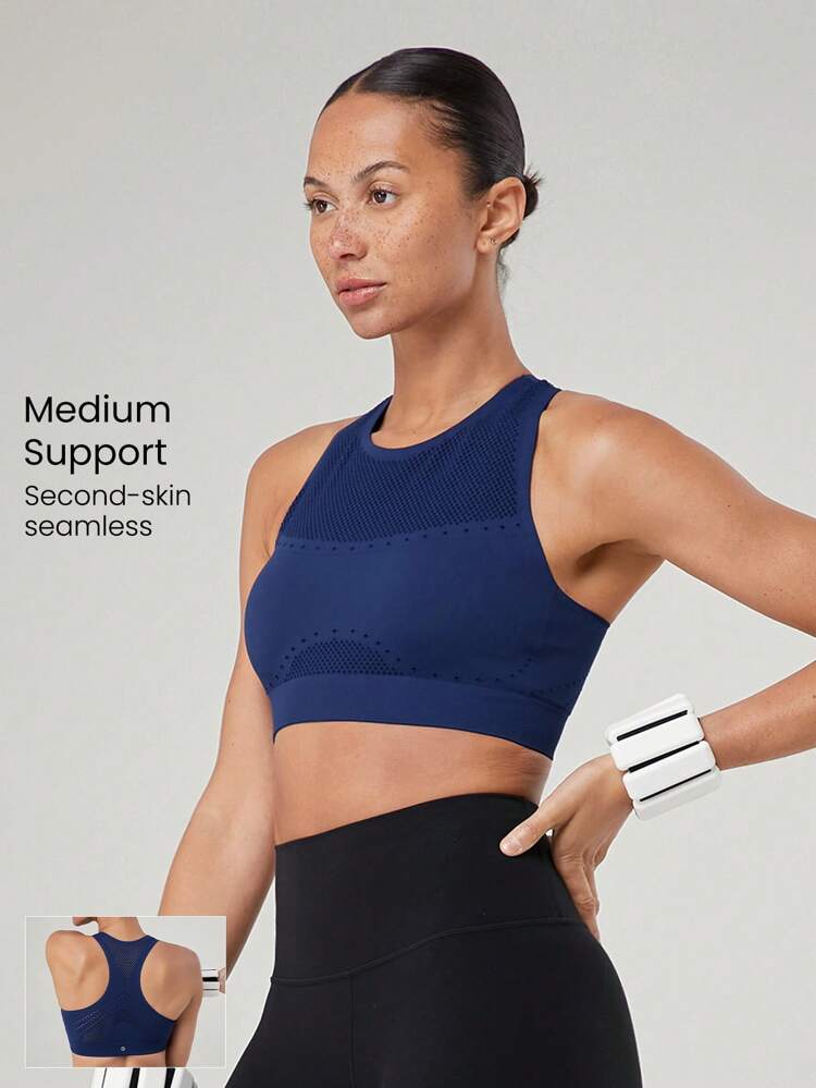 Power Up Sweat-Wicking Soft Bonding Mesh Jelly Strip Supportive Sports Bra Medium Impact Running Jogging Training Gym Workout Removable Cups