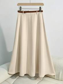 Franclia 时尚休闲百搭 A 字形褶皱纯色年轻女士裙子，春夏 - 杏色 - 查看 2