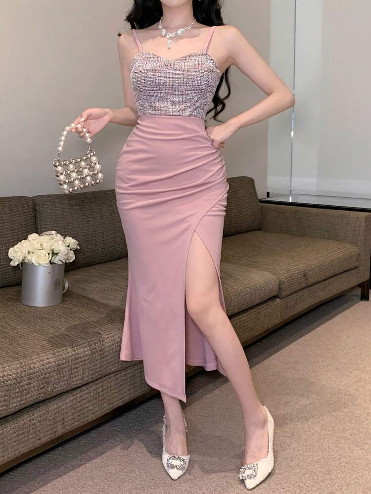 Elegant Sexy High Slit Dress With Sheer Panels, Designed For Tall Women, Pink Sundress