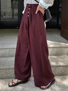 FRIFUL Women High Waisted Wide Leg Cropped Pants, Business Style, Spring/Summer Linen - Red Violet - View 5