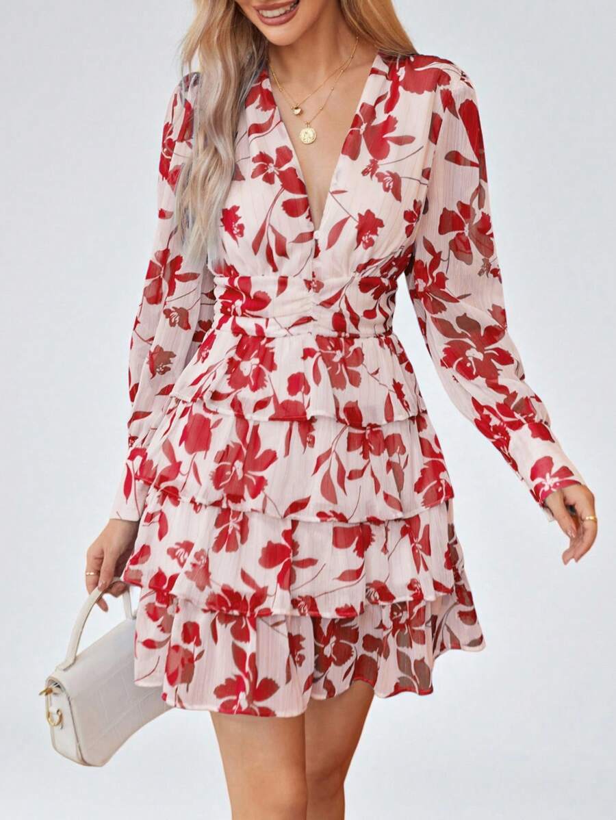 Aveloria Floral Print Ruffle Hem Long Sleeve Dress Vacation Outfits Woman  Boho Beach Fashionable Style All Over Print - Baby Pink - View 1