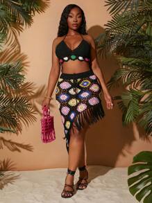 SHEIN SXY 大码性感露背挂脖针织上衣 - 黑色 - 查看 4