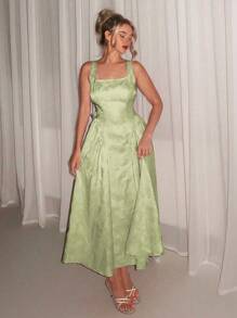 Relinas 早春新款女士方领蝴蝶结露背休闲派对中长连衣裙