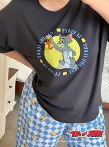 TOM AND JERRY X DAZY 加大码卡通印花宽松短袖上衣和全印花裤两件套女士睡衣套装 - 灰色 - 查看 9
