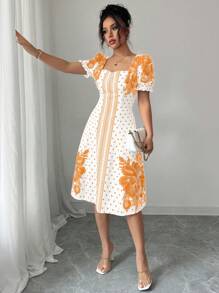 Elenzga Váy Maxi Chữ A In Họa Tiết Tay Phồng Đi Nghỉ Mát Cho Nữ - trái cam - Xem 5