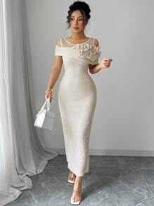 Modelyn Solid Color Mesh Splice & 3D Flower Decor Shoulder-Revealing Mid-Calf Dress For Women - Apricot - View 7