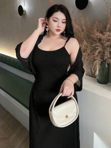 Dazy Plus Plus Size Solid Color Sheer Raglan Sleeve Cover Up - Black - View 7