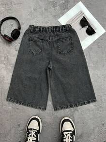 SHEIN 青少年男童时尚休闲Y2K复古黑色字母印花图案宽松三英寸牛仔裤，适合儿童日常穿着，柔软舒适，也适合春夏派对、音乐节和海滩穿着。 - 黑色 - 查看 2