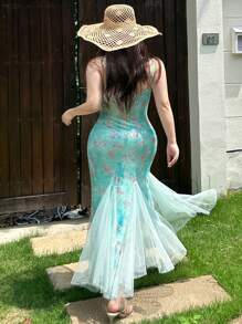 Dazy Plus 大码印花撞色网纱拼接侧开衩无袖度假风连衣裙/舞会礼服 - 藍色 - 查看 2