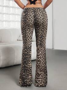 Jeanoix Women's Leopard Print Lace-Up Skinny Flare Jeans