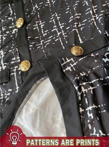 SHEIN Clasi 女式格子圆领长袖纽扣设计优雅工作中长连衣裙，秋季 - 黑色 - 查看 4