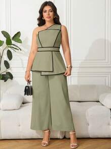 Ellevyn 2pcs/Set Plus Size Women Hem Decor Sleeveless Top And Wide Leg Pants Set - Mint Green - View 7