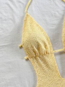 Soleia 奶油黄色女士复古扎染图案深 V 露背吊带迷你连衣裙，荷叶边下摆，腰带，适合派对、性感约会、下午茶、城市假日、音乐节、海滩 - 夏季时尚