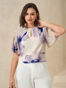 Chikora Áo cánh tay bồng thêu hoa thanh lịch cỡ lớn dành cho nữ, trang phục công sở mùa hè cỡ lớn dành cho nữ - Nhiều màu - Xem 8